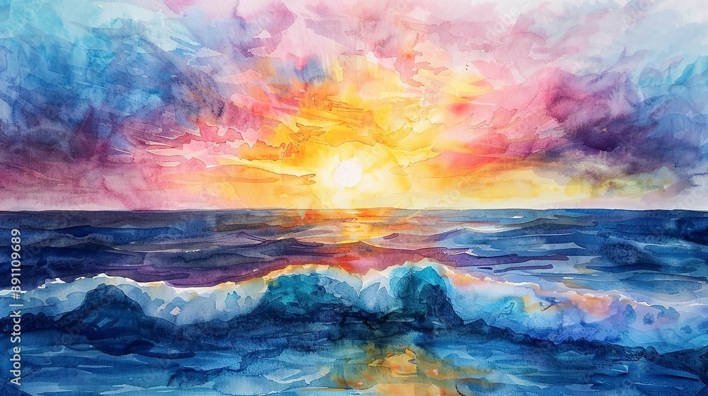 Fototapeta premium The artist skillfully painted a colorful watercolor landscape capturing the vibrant texture of nature with broad strokes on paper depicting a stunning sunrise over the sea where the waves