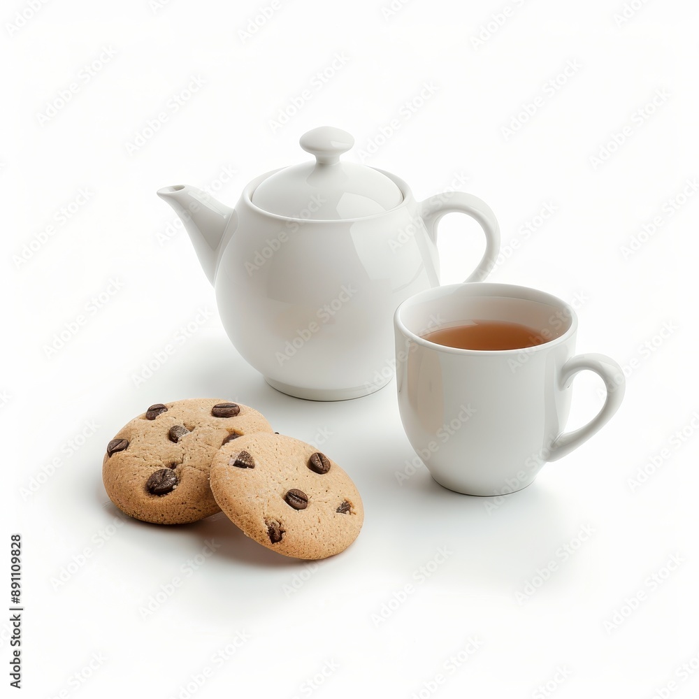 A stylishly served tea set with cookies, afternoon tea, realistic, isolated on white background A stylishly served tea set with cookies, afternoon tea, realistic, isolated on white background