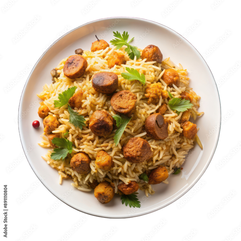 Soya chunks briyani on white plate top view isolated on transparent background Soya chunks briyani on white plate top view isolated on transparent background