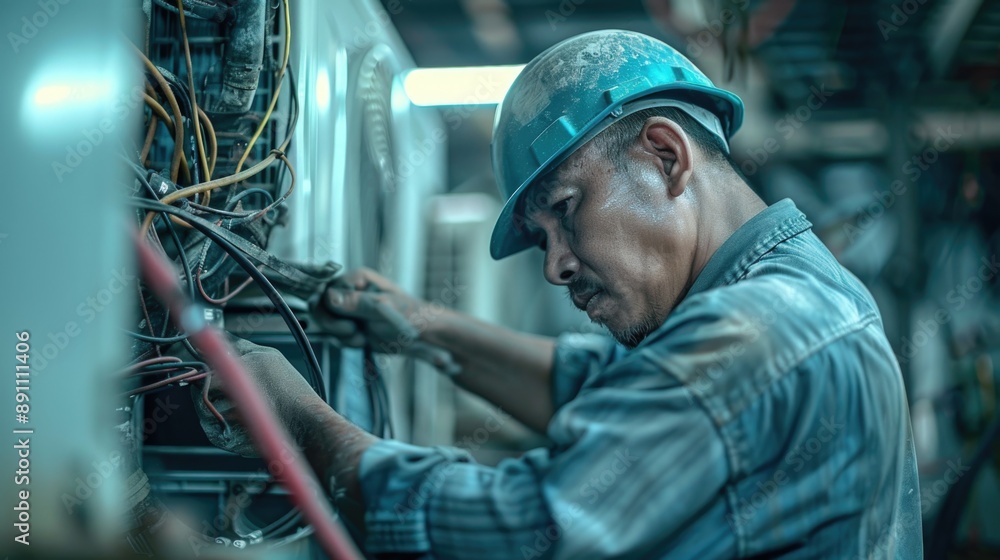 Man in Hard Hat Working on Machine Man in Hard Hat Working on Machine