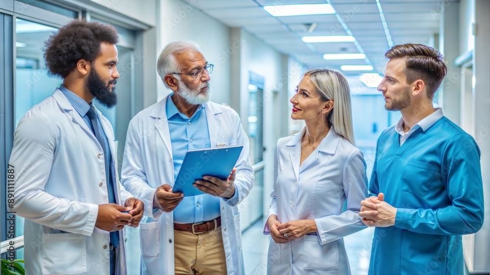 Patients discuss problems doctors Diverse origin in a hospital powder blue brown Patients discuss problems doctors Diverse origin in a hospital powder blue brown