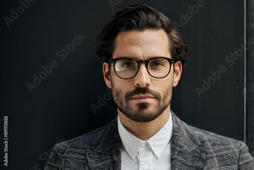 man in grey jacket, white shirt, and glasses 