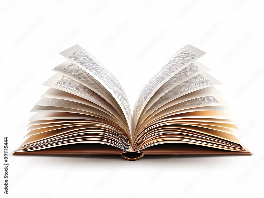 Open book with flipping pages isolated on white background, symbolizing knowledge, learning, and literature. Open book with flipping pages isolated on white background, symbolizing knowledge, learning, and literature.