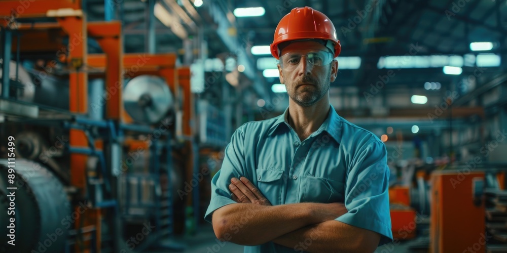 Worker in Hard Hat on Factory Floor Worker in Hard Hat on Factory Floor