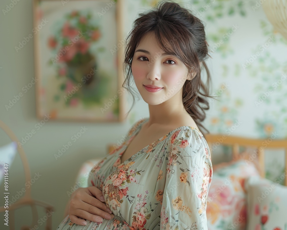 Serene Asian Pregnant Woman Leaning Against Wall in Cozy Home Nursery Setting Serene Asian Pregnant Woman Leaning Against Wall in Cozy Home Nursery Setting