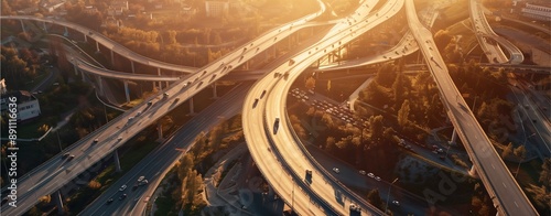 Morning of city highway scene featuring traffic, lights, and a bustling urban landscape.