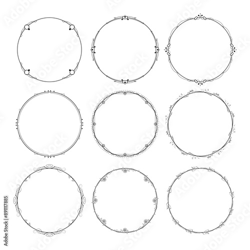 Set Abstract Collection Black Simple Line Round Circle With Leaf Leaves Frame Flowers Doodle Outline Element Vector Design Style Sketch Isolated Illustration For Wedding And Banner