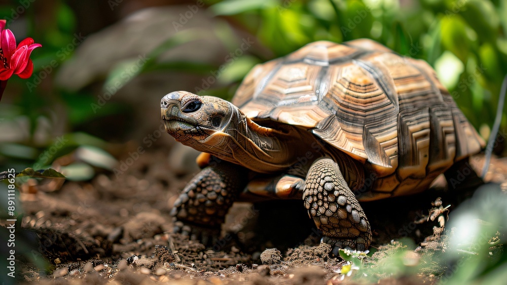 Close-up of a tortoise walking in a garden, surrounded by greenery and a vibrant red flower, showcasing its detailed shell and natural habitat. Close-up of a tortoise walking in a garden, surrounded by greenery and a vibrant red flower, showcasing its detailed shell and natural habitat.