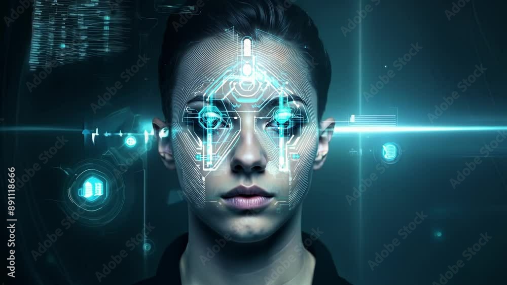 A models face is covered in a digital overlay of circuit boardinspired graphics creating a cyborglike transformation. A models face is covered in a digital overlay of circuit boardinspired graphics creating a cyborglike transformation.