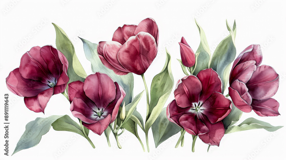 Beautiful illustration featuring a bouquet of red tulips with green leaves, isolated on white Beautiful illustration featuring a bouquet of red tulips with green leaves, isolated on white