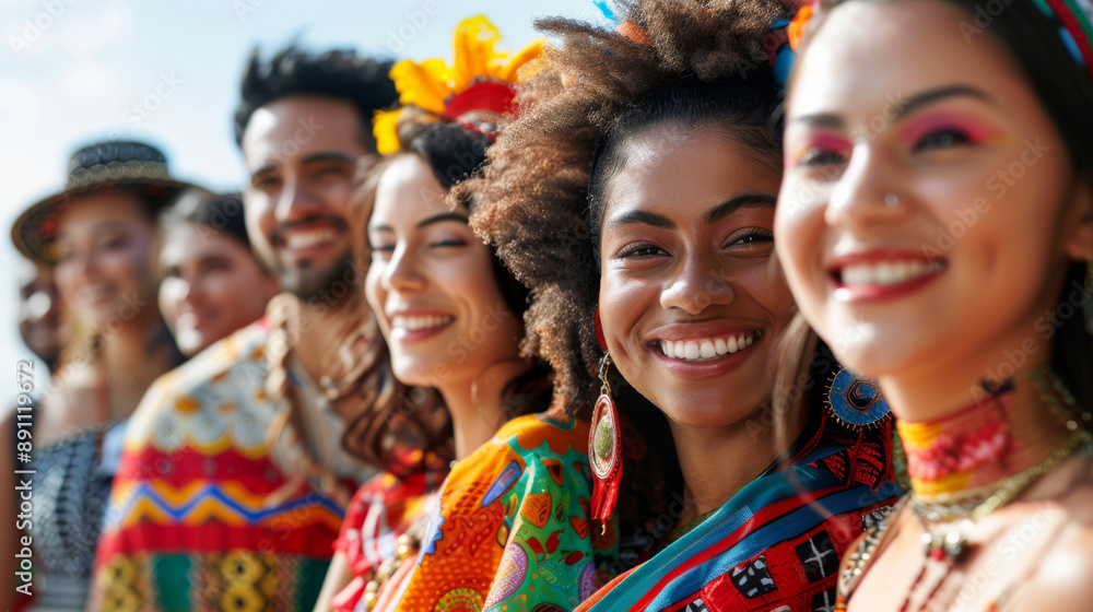 A group of people wearing colorful clothing and smiling for the camera