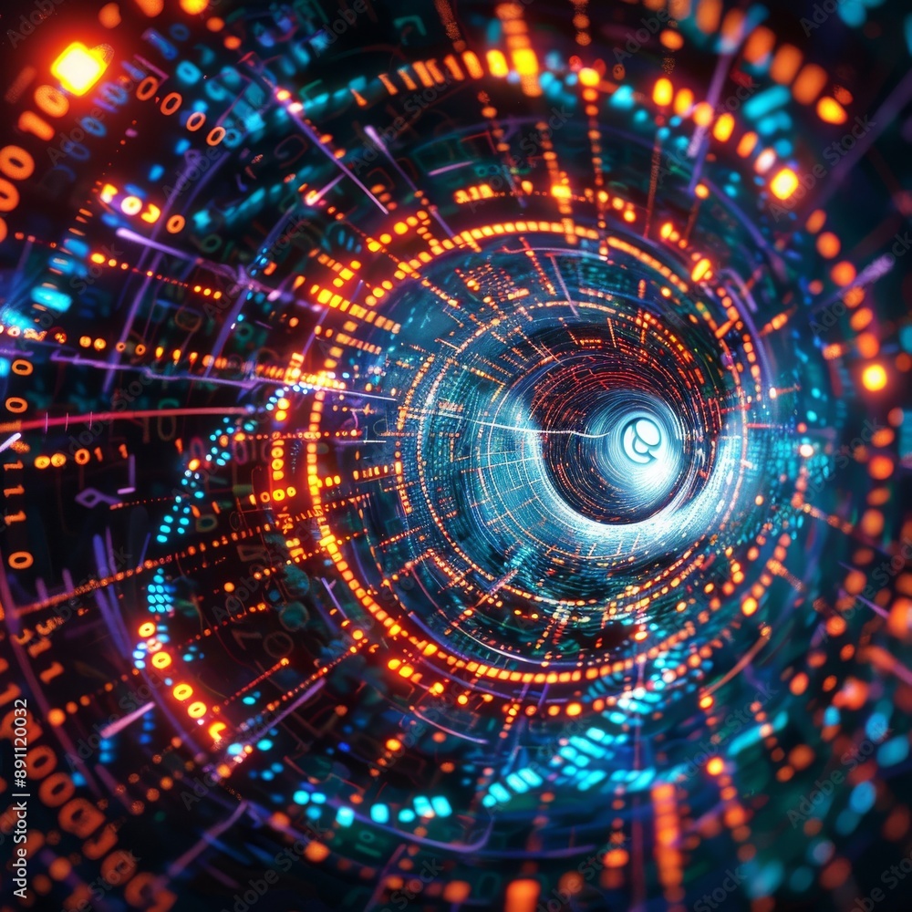 A swirling vortex of neon lights and binary code, with circuits and data fragments spiraling inward, representing the convergence of information and technology background A swirling vortex of neon lights and binary code, with circuits and data fragments spiraling inward, representing the convergence of information and technology background