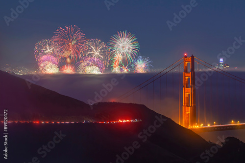 July 4th Fireworks and Golden Gate Bridge at Night