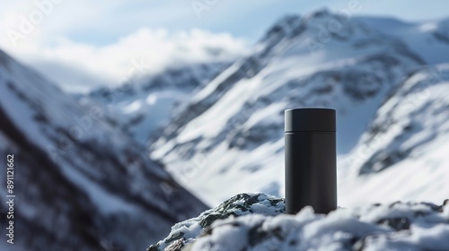 Black Deodorant Standout Against a Backdrop of Snowy Mountains, Combining Modern Design with a Majestic Winter Landscape photo