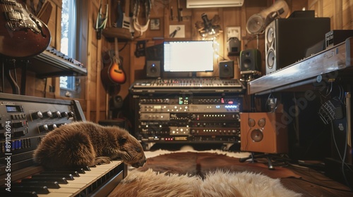 Beaver Inside a House with a Music Studio in the Background, Featuring a Unique Blend of Natural Wildlife and Modern Creative Space photo