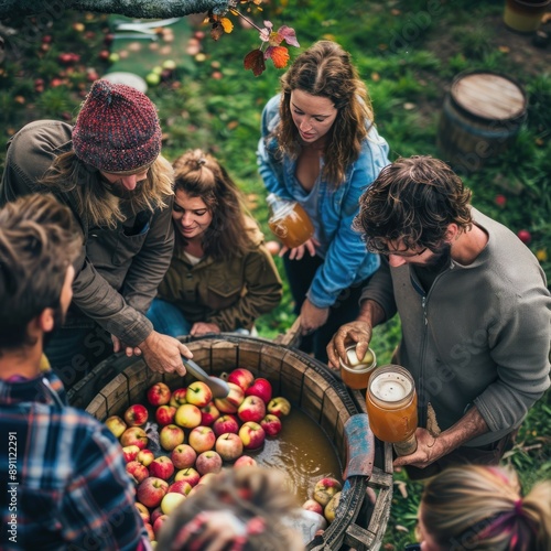 A group of friends making cider from freshly pressed apples By Generated AI