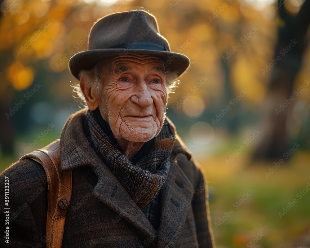 Joyful Elderly Person Walking in Sunny Park with Cane - High Quality Photo with 90mm f/4.0 Lens Joyful Elderly Person Walking in Sunny Park with Cane - High Quality Photo with 90mm f/4.0 Lens