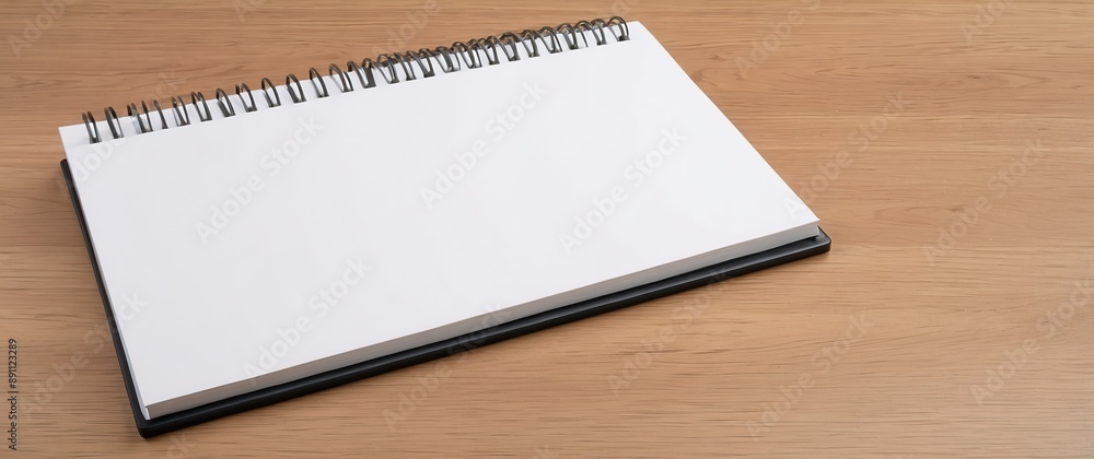 A blank sketchbook resting on a wooden surface, perfect for capturing creative ideas and artistic inspiration. A blank sketchbook resting on a wooden surface, perfect for capturing creative ideas and artistic inspiration.