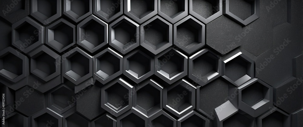A sleek black hexagonal pattern creating a modern and elegant textured wall, ideal for technology or contemporary design settings. A sleek black hexagonal pattern creating a modern and elegant textured wall, ideal for technology or contemporary design settings.