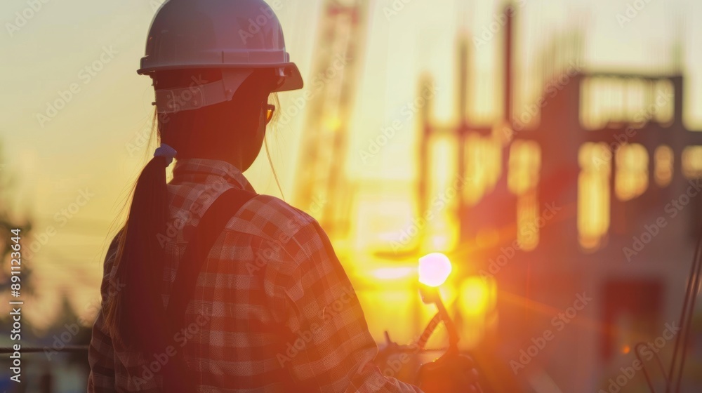 Naklejka premium Silhouette of a Construction Worker at Sunset