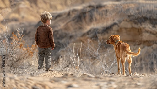 Boy and dog walking in the desert on a sunny autumn day.