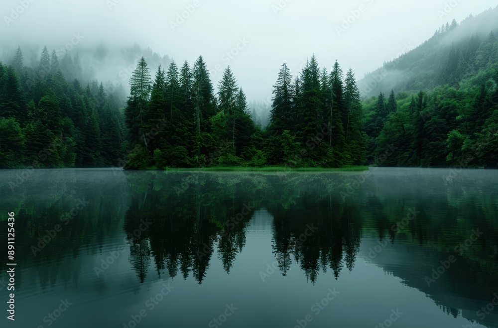 Serene forest lake reflection in misty mountains Serene forest lake reflection in misty mountains