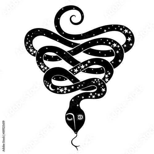 Black Snake vector illustration for tattoo design. Vector snake of mystical magic object- moon and stars. Spiritual occultism symbols, esoteric objects.