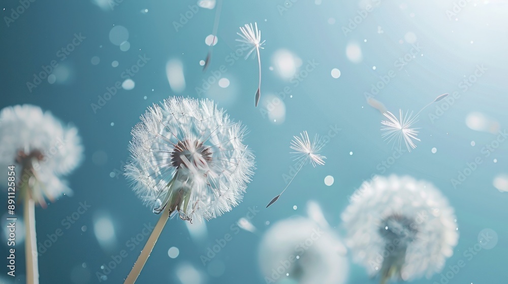 Obraz premium Dandelion Seeds Floating in the Wind