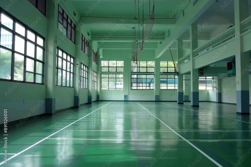 School badminton hall ,A person playing badminton on an indoor court School badminton hall ,A person playing badminton on an indoor court