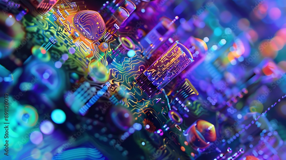 Intricate Details of Photonic Integrated Circuits Magnified on Silicon Wafer in Neon Blue Purple and Green Intricate Details of Photonic Integrated Circuits Magnified on Silicon Wafer in Neon Blue Purple and Green