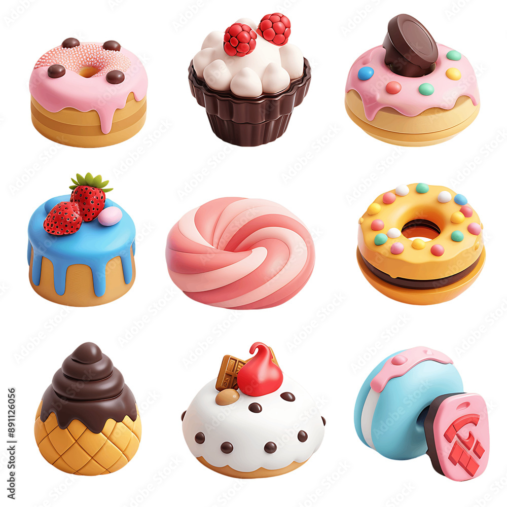 Sweet food icons 3D set on transparent Sweet food icons 3D set on transparent
