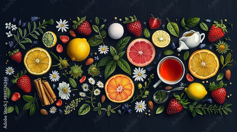 vector, illustration, flat, Round floral design on dark background with cinnamon, lemons, oranges, tea bag, sugar cubes, heather, chamomile, dog rose, peppermint, almond, strawberry, teaspoon, teapots vector, illustration, flat, Round floral design on dark background with cinnamon, lemons, oranges, tea bag, sugar cubes, heather, chamomile, dog rose, peppermint, almond, strawberry, teaspoon, teapots