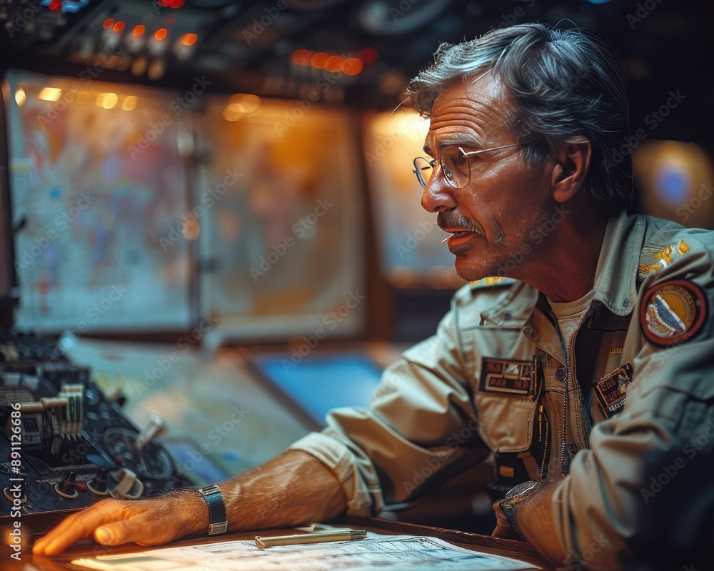 Professional Pilot in Pre-Flight Briefing Room discussing Flight Plan with Co-Pilot using 90 mm f/4.0 Lens Professional Pilot in Pre-Flight Briefing Room discussing Flight Plan with Co-Pilot using 90 mm f/4.0 Lens