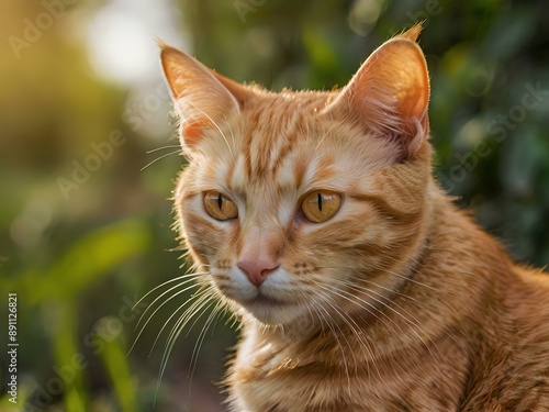 orange cat with blur background, orange cat is sitting and looking