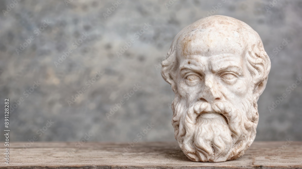 ancient greek philosopher bust on wooden table ancient greek philosopher bust on wooden table