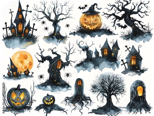 Frightful Halloween watercolor sticker on a white isolated background, depicting eerie pumpkins, spiders, and haunted trees