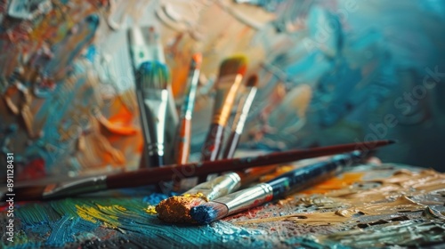 Paintbrushes on a Palette with Artistic Background