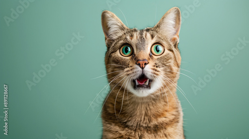 A cat with surprised reaction on cat face isolated in a solid light green background