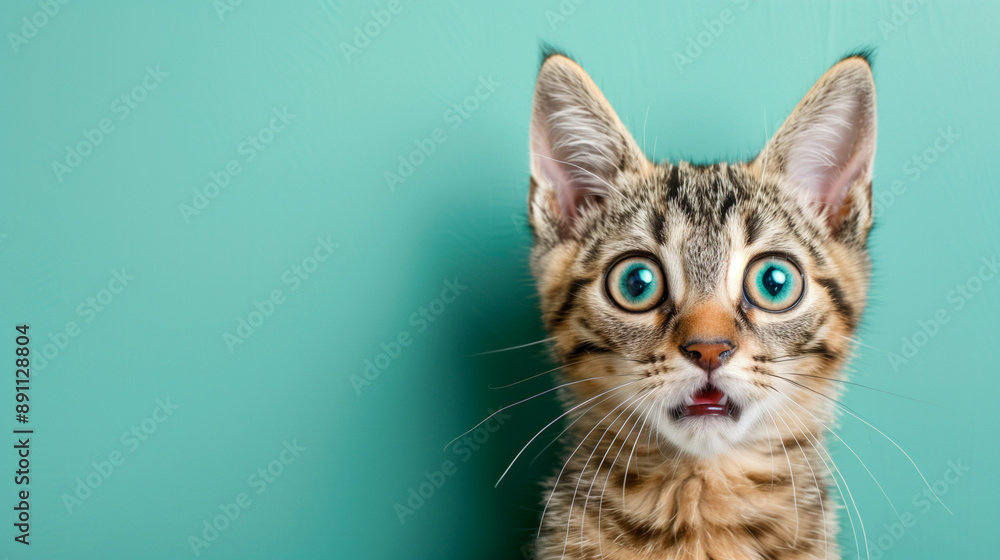 A cat with surprised on isolated in a solid light green background with copy space for different cats related advertisements or ads A cat with surprised on isolated in a solid light green background with copy space for different cats related advertisements or ads