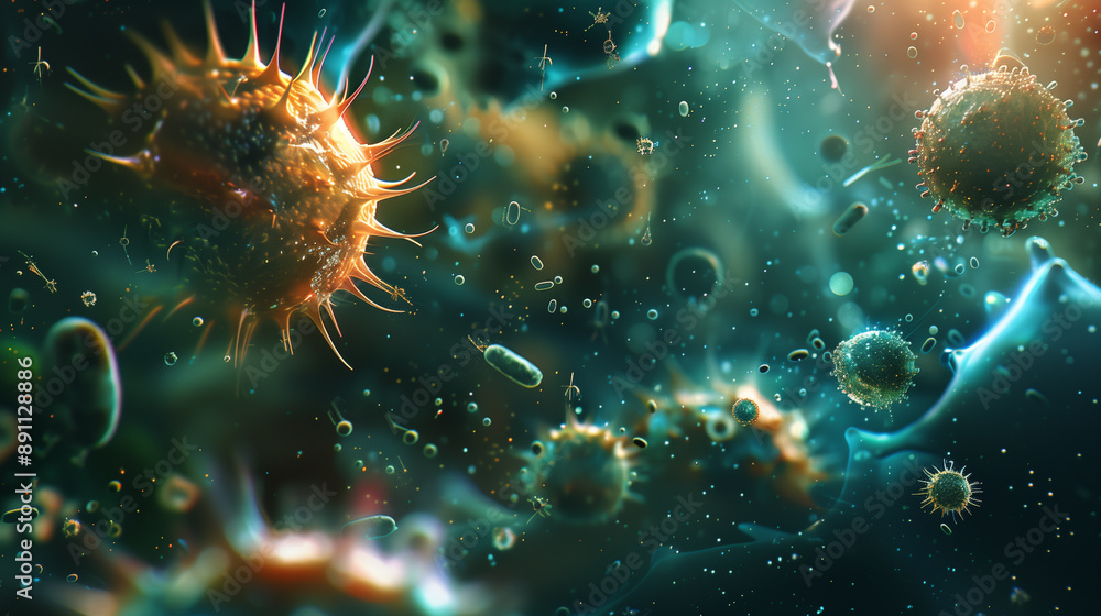 Close-up of colorful bacteria and viruses under a microscope.. Close-up of colorful bacteria and viruses under a microscope..