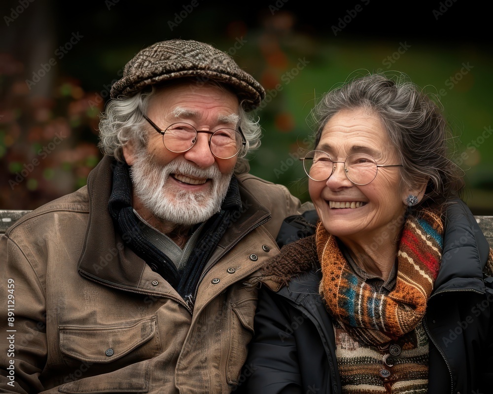 Happy Couple Laughing Together on Park Bench in Beautiful Garden Setting, Captured with 90mm f/4.0 Lens Happy Couple Laughing Together on Park Bench in Beautiful Garden Setting, Captured with 90mm f/4.0 Lens