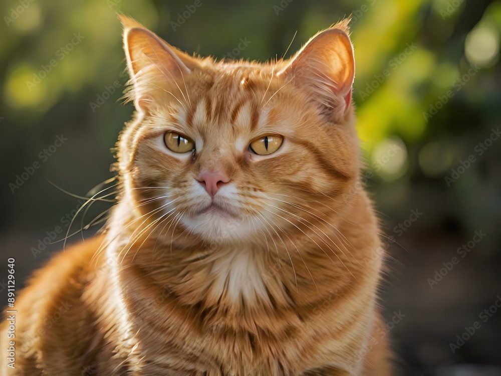 orange cat with blur background, orange cat is sitting and looking