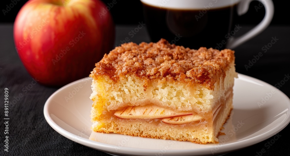 Delicious apple crumble cake slice on plate Delicious apple crumble cake slice on plate