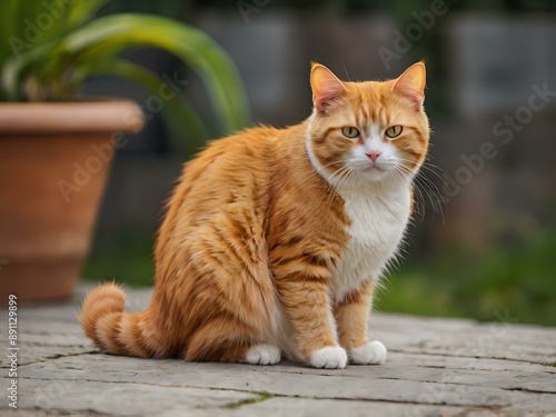 orange cat with blur background, orange cat is sitting and looking