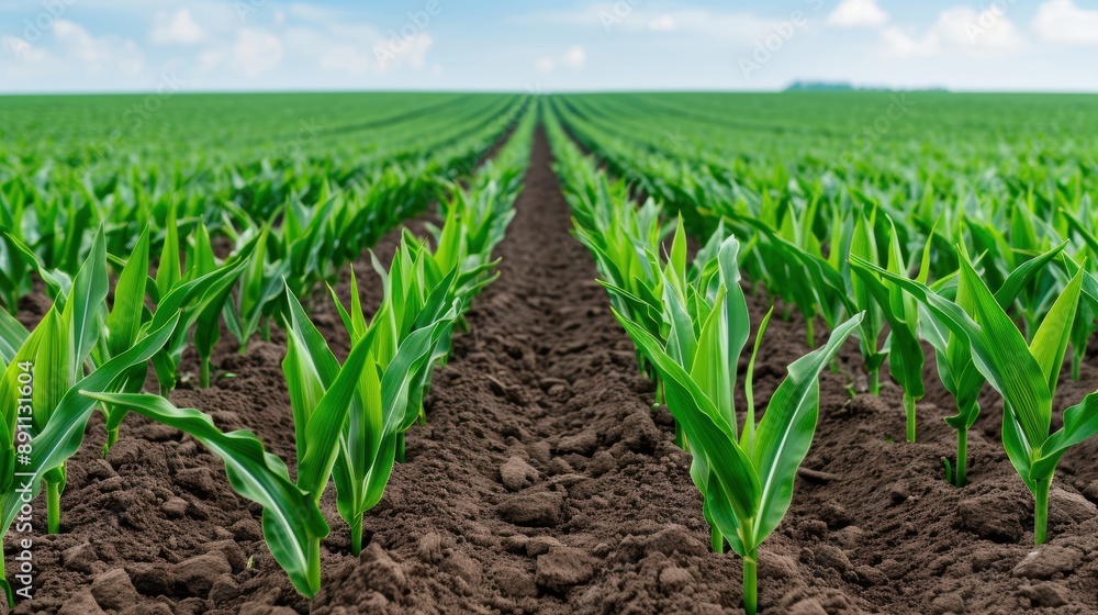 Rows of lush green corn plants in a farm field Rows of lush green corn plants in a farm field