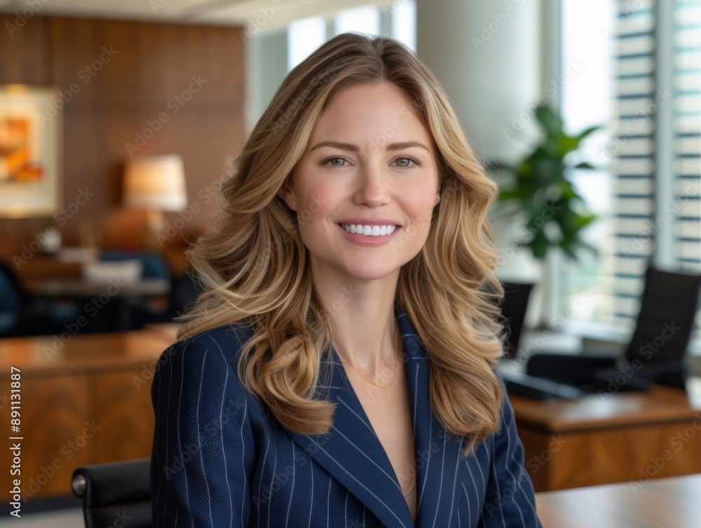 Confident businesswoman in a pinstripe suit in an office Confident businesswoman in a pinstripe suit in an office