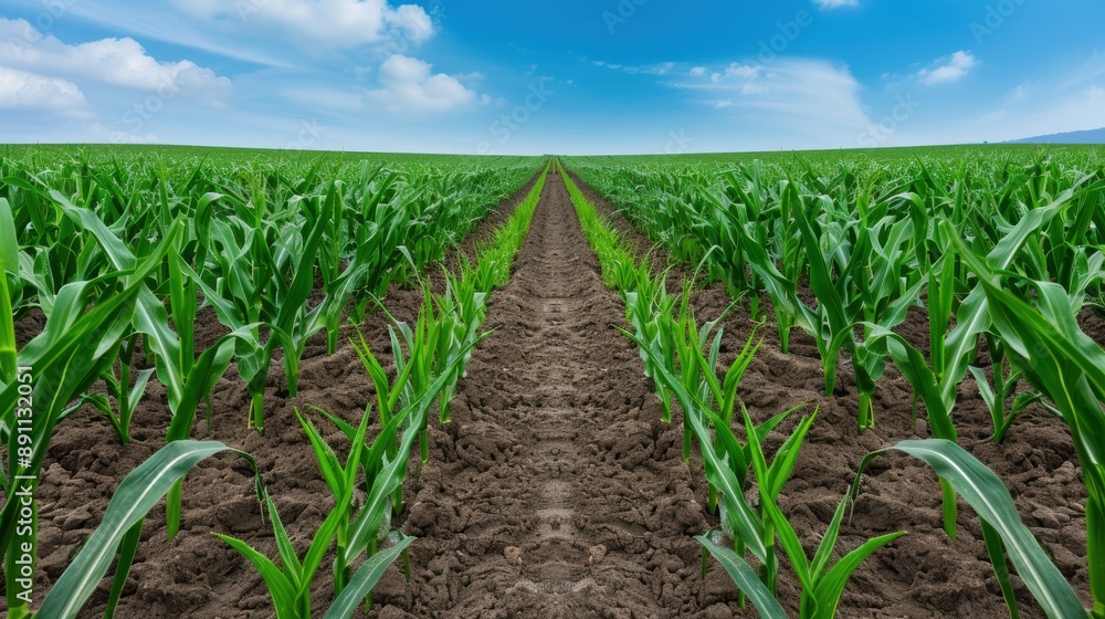 Naklejka premium Lush green corn field with path