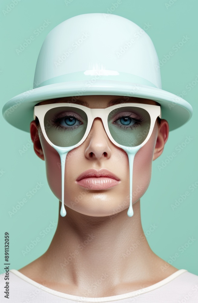woman with futuristic sunglasses and white hat woman with futuristic sunglasses and white hat