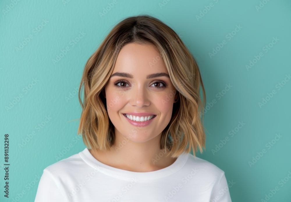 smiling woman with blonde hair against turquoise background smiling woman with blonde hair against turquoise background