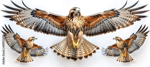  Red-tailed hawk perched on white background. photo